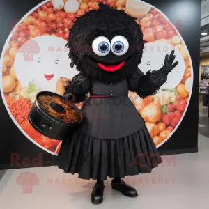 Black Paella mascot costume character dressed with a Circle Skirt and Handbags
