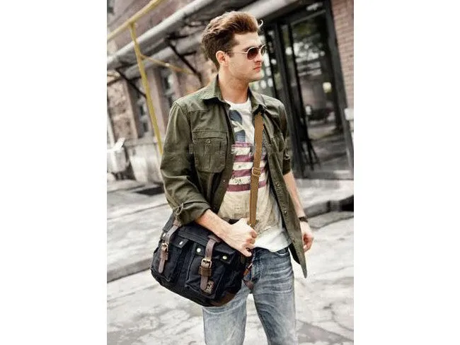 Black Vintage Military Bag with Leather Accents