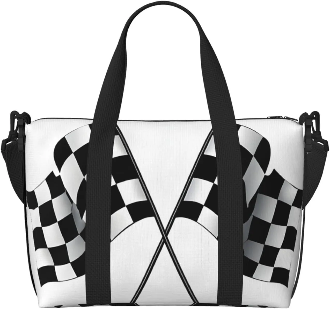Black White Formula Checkered Flags Print Large Travel Duffel Bag Foldable Lightweight Weekender Bags, Carry On Overnight Tote Bags, Gym Duffel Bags Hospital Bags Yoga Bags For Women Men
