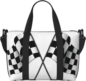 Black White Formula Checkered Flags Print Large Travel Duffel Bag Foldable Lightweight Weekender Bags, Carry On Overnight Tote Bags, Gym Duffel Bags Hospital Bags Yoga Bags For Women Men
