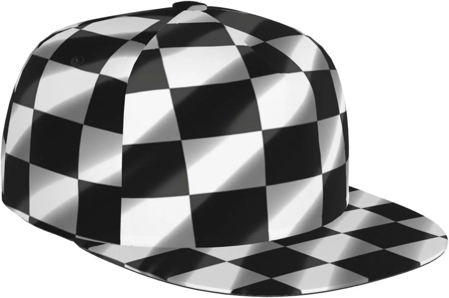 Black White Race Checkered Flag Printed Adjustable Flat Brim Baseball Cap Neutral Trucker Cap, 5-7