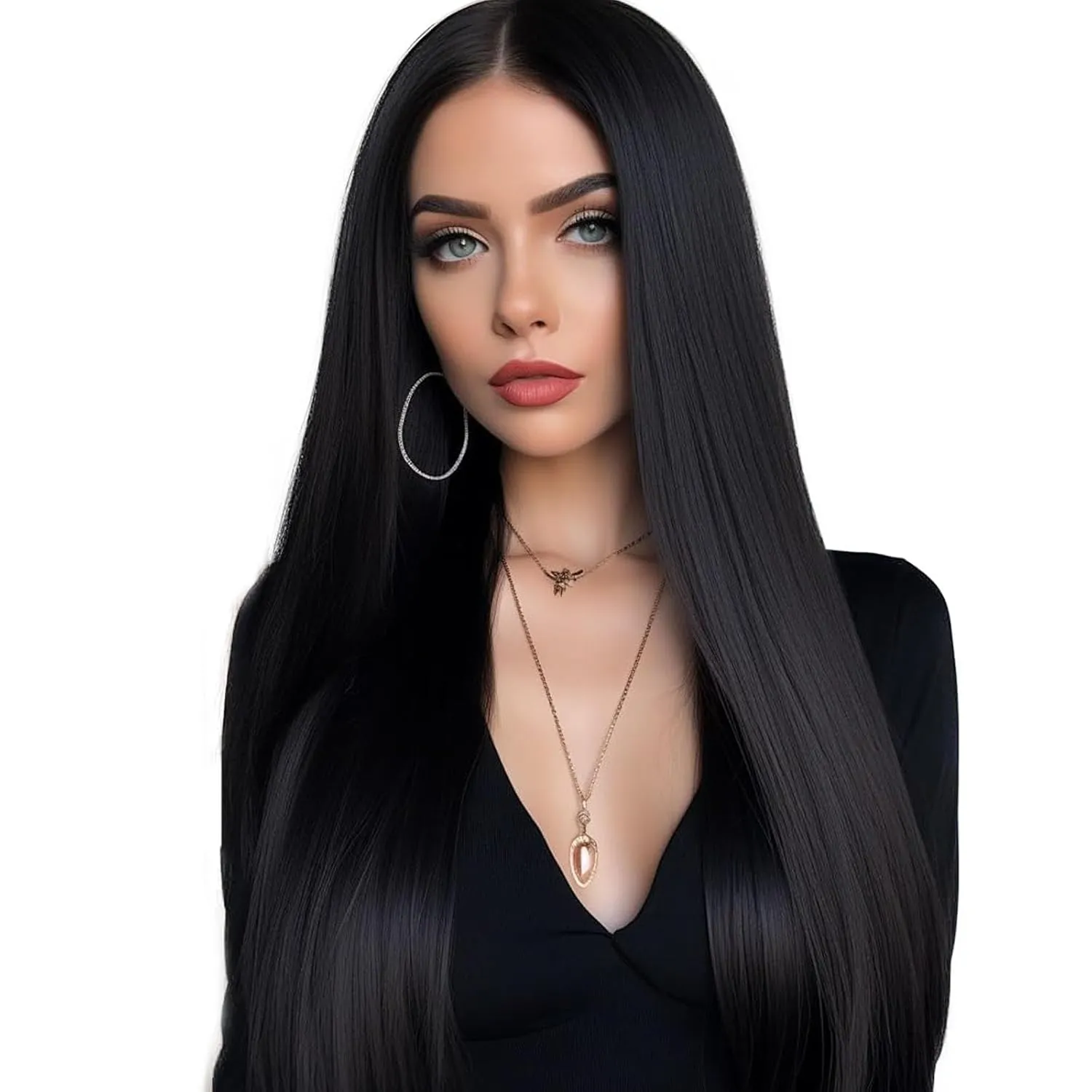 Black Wigs for Black Women Straight Synthetic Lace Front Wig Black Long Deep Part Frontal Wigs Natural Hairline Glueless Lace Wig Heat Resistant Hair Daily Cosplay Use 24Inch