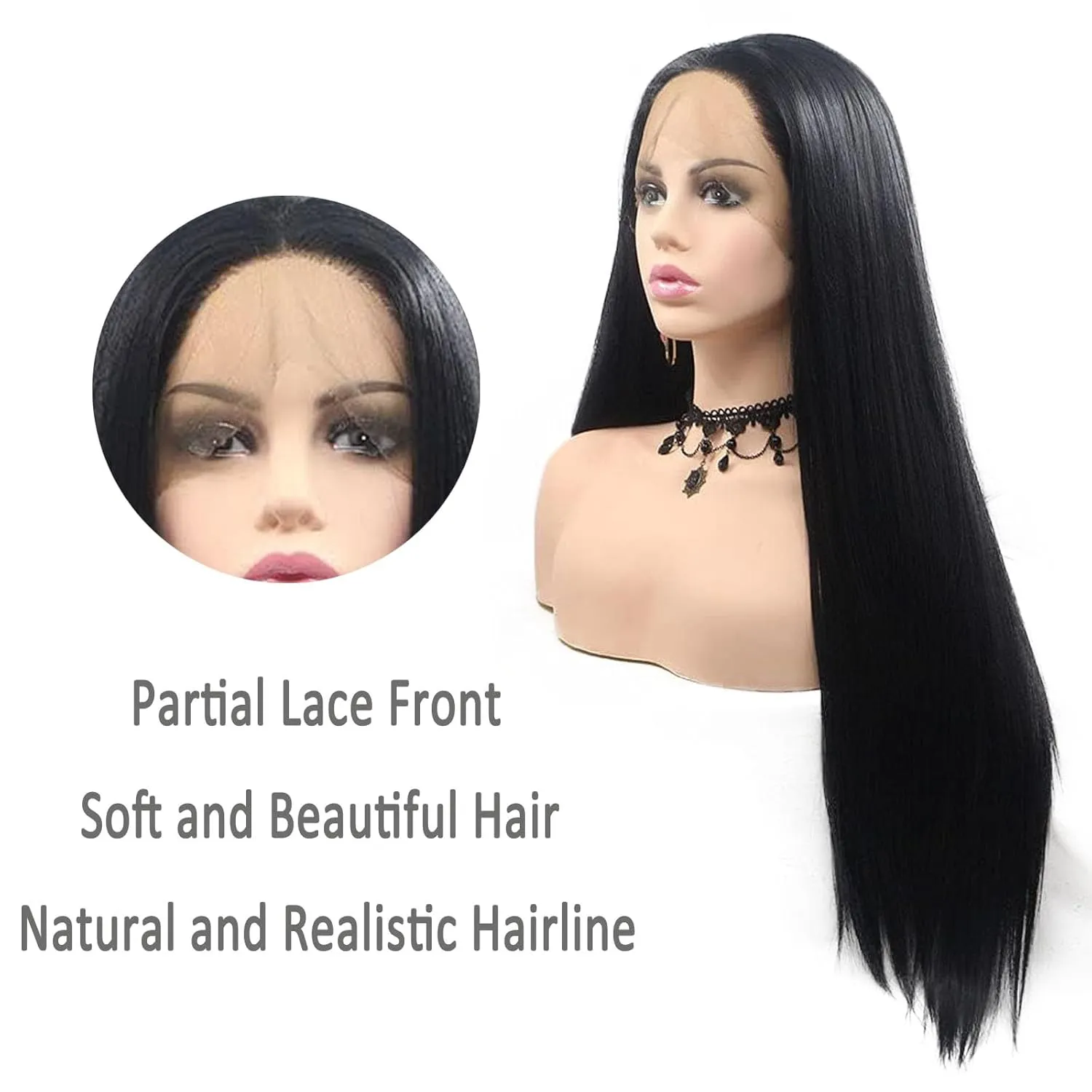 Black Wigs for Black Women Straight Synthetic Lace Front Wig Black Long Deep Part Frontal Wigs Natural Hairline Glueless Lace Wig Heat Resistant Hair Daily Cosplay Use 24Inch