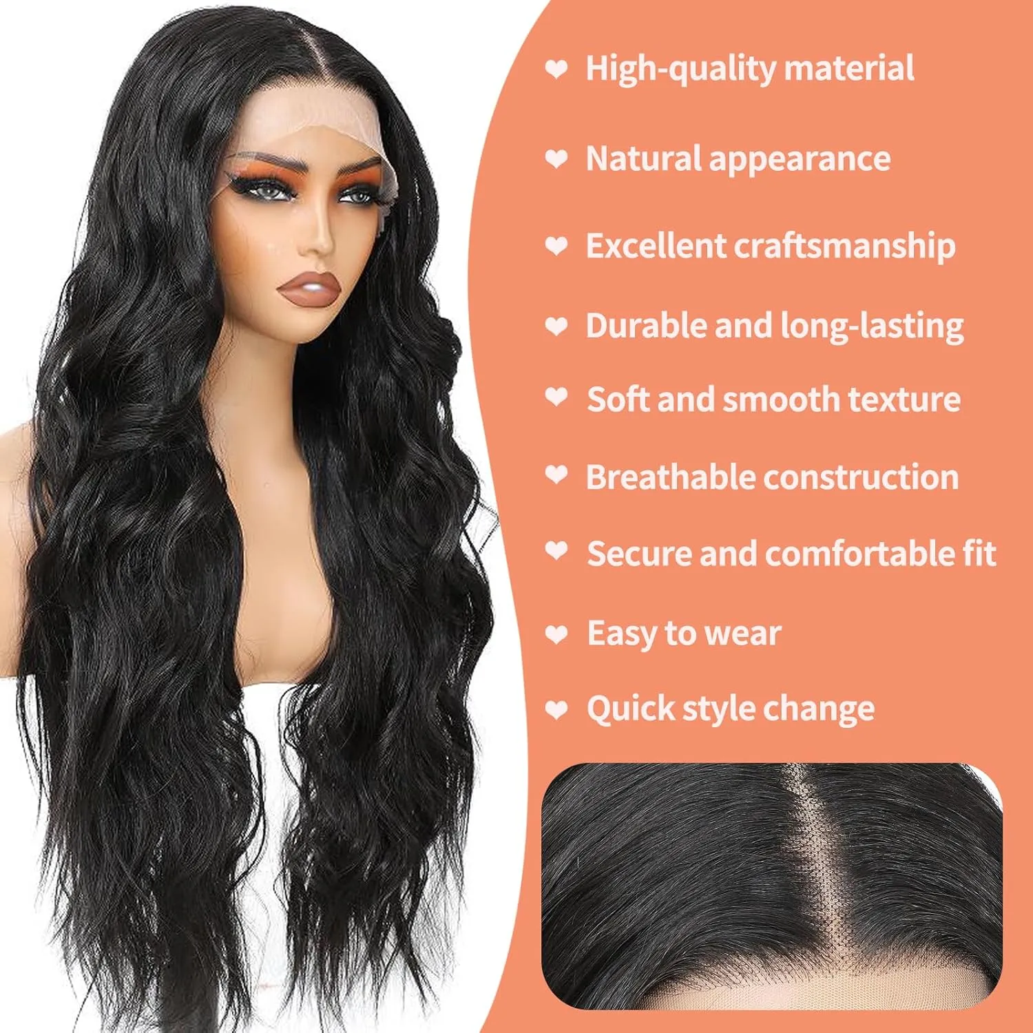 Black Wigs for Women Synthetic Lace Front Wig Pre Plucked With Baby Hair 26 Inch Long Wavy Middle Part Wig 13x4x1 Glueless Wig Ready to Wear