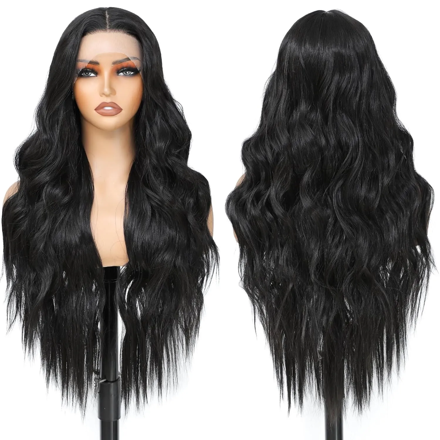 Black Wigs for Women Synthetic Lace Front Wig Pre Plucked With Baby Hair 26 Inch Long Wavy Middle Part Wig 13x4x1 Glueless Wig Ready to Wear