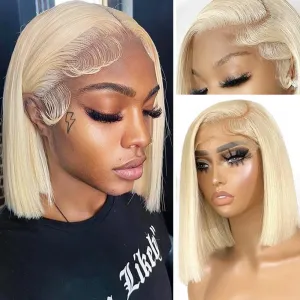 Blonde Bob Wig Human Hair 13x6 Lace Frontal HD Transparent Glueless Bob Wigs Deep Part 8 Inch 180% Density 613 Blonde Lace Front Wigs Real Hair Bleached Knots Pre Plucked With Baby Hair