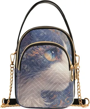 Blue and Gold Mysterious Tribal Cat trendy quilted crossbody bags for women with multi pockets handbags for women for travel