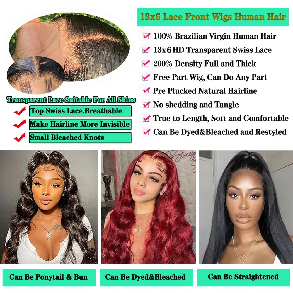 Body Wave Lace Front Wigs Human Hair 200% Density Body Wave 13x6 HD Lace Frontal Wigs Human Hair Brazilian Lace Front Wigs Human Hair 20 Inch Pre Plucked with Baby Hair