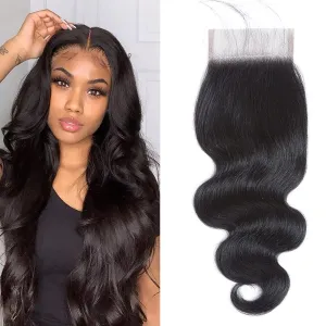 Body Wave Lace Top Closure Brazilian Human Hair Body Wave 4x4 Free Part Closure Swiss Lace With Baby Hair Natural Black Color (14inch)