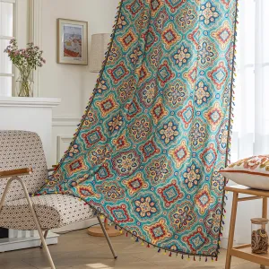 Boho Curtains Geometric Light Filtering Semi-Blackout Window Curtains 84 Inches Long Rod Pocket Drapes for Living Room 2 Panels-Geometric Blue