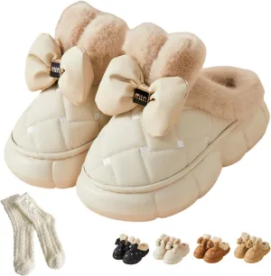 Bow Slippers, Women's Cute Bowknot Design Plush Lined Slipper Boots
