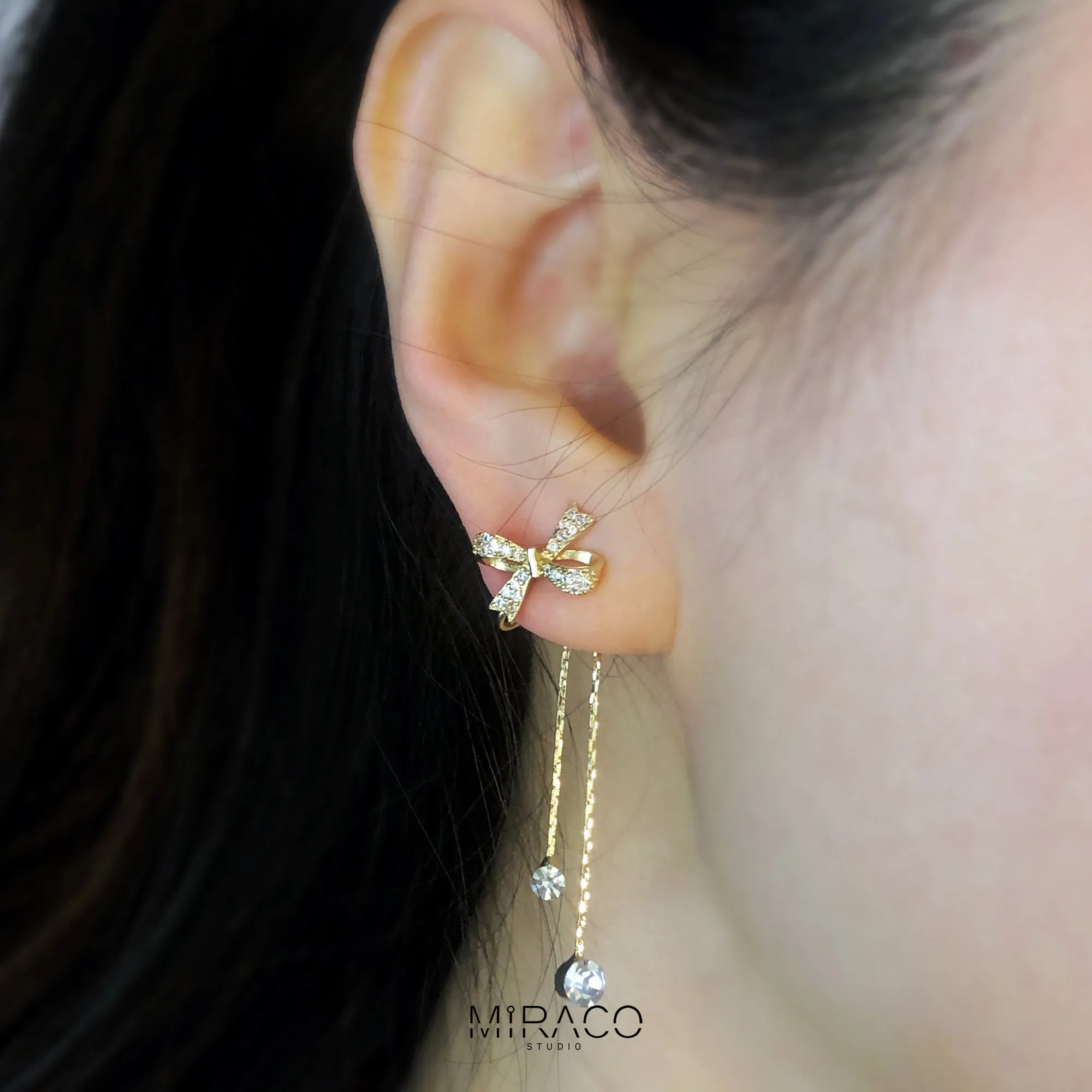 Bowknot Clip On Earrings with Tassel and Pave Diamonds