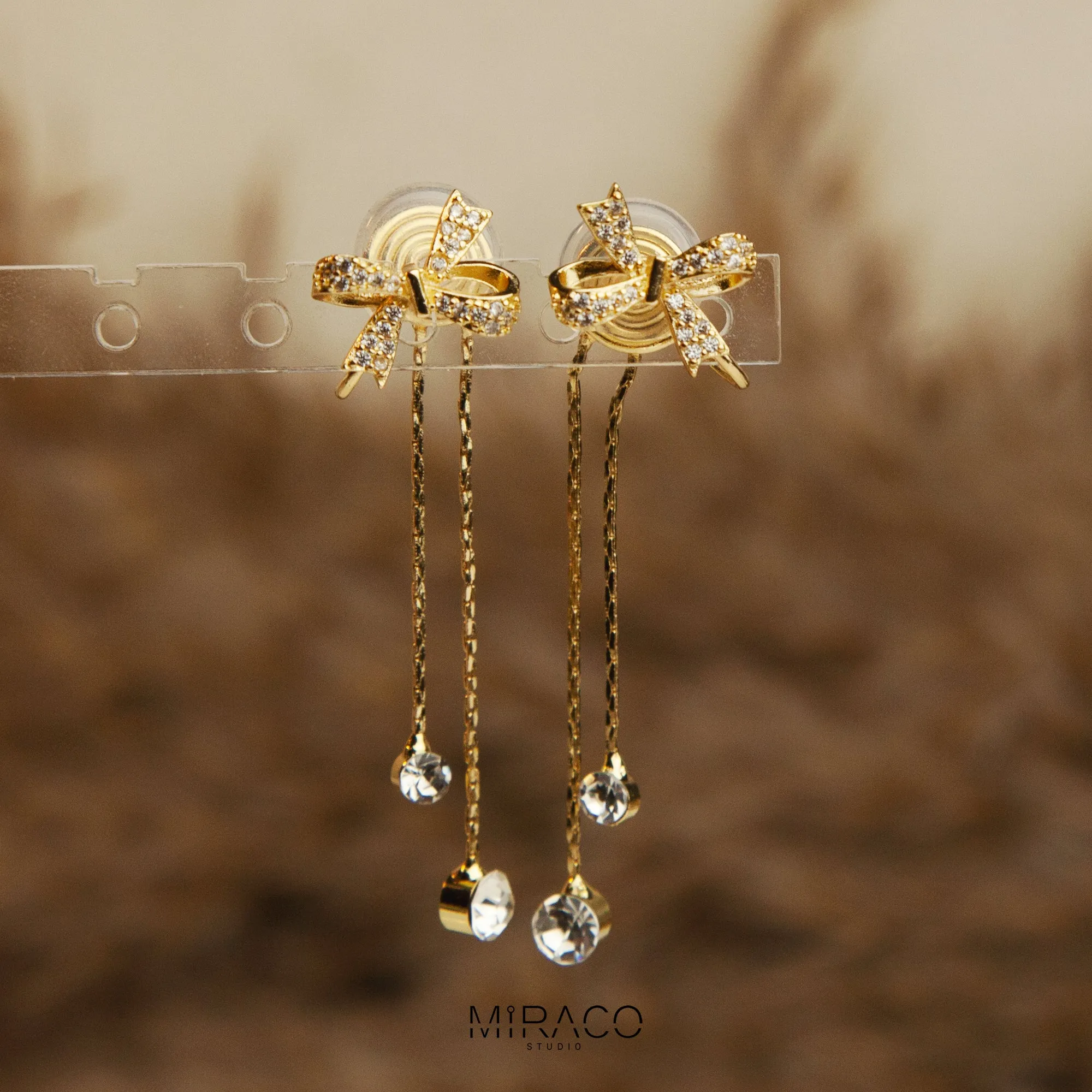 Bowknot Clip On Earrings with Tassel and Pave Diamonds
