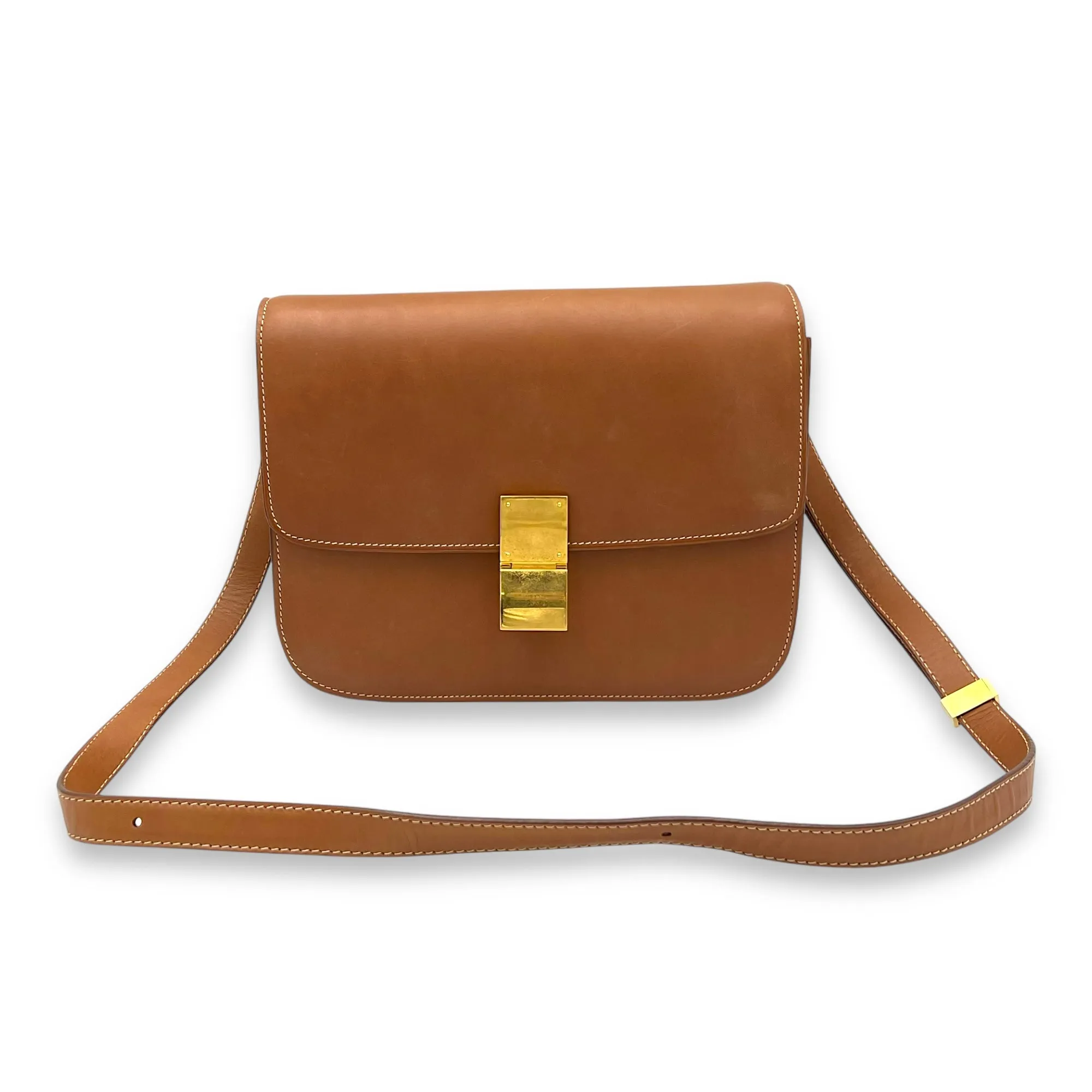 Box Crossbody Bag Brown in Calfskin, Gold hardware