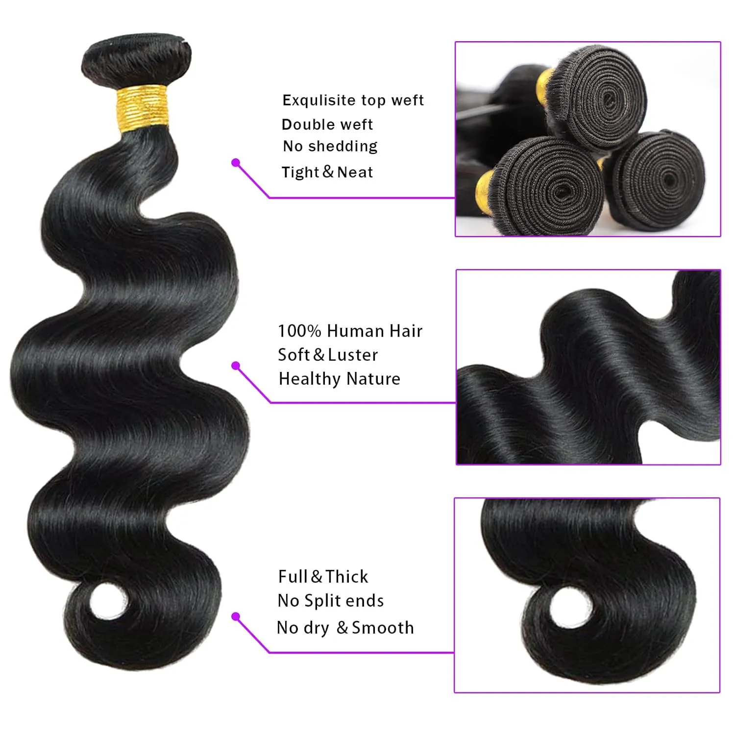Brazilian Black Body Wave Human Hair Bundles (22, 24, 26 20) with Closure & Frontal - 3 Bundles, 4x4 Free Part, Baby Hair - 100% Unprocessed Natural Color