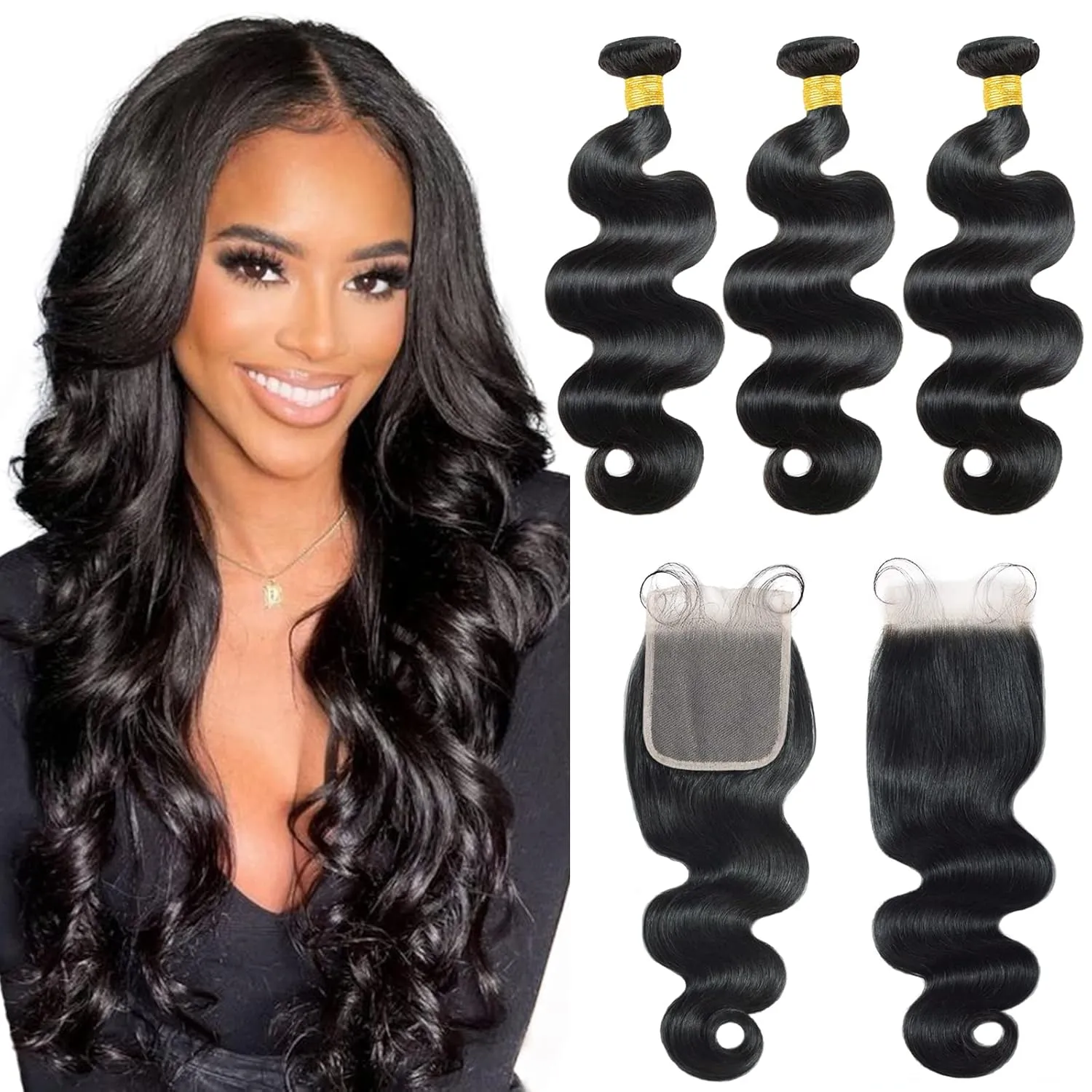 Brazilian Black Body Wave Human Hair Bundles (22, 24, 26 20) with Closure & Frontal - 3 Bundles, 4x4 Free Part, Baby Hair - 100% Unprocessed Natural Color