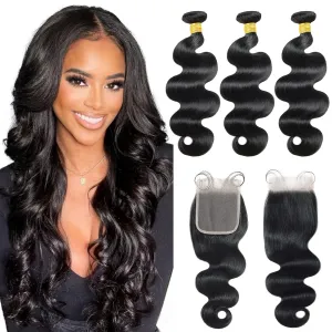 Brazilian Black Body Wave Human Hair Bundles (22, 24, 26 20) with Closure & Frontal - 3 Bundles, 4x4 Free Part, Baby Hair - 100% Unprocessed Natural Color