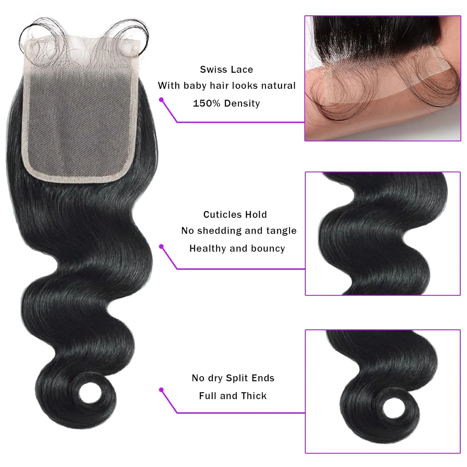 Brazilian Black Body Wave Human Hair Bundles (22, 24, 26 20) with Closure & Frontal - 3 Bundles, 4x4 Free Part, Baby Hair - 100% Unprocessed Natural Color