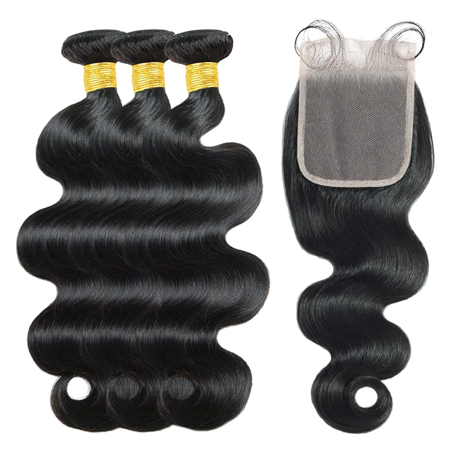 Brazilian Black Body Wave Human Hair Bundles (22, 24, 26 20) with Closure & Frontal - 3 Bundles, 4x4 Free Part, Baby Hair - 100% Unprocessed Natural Color