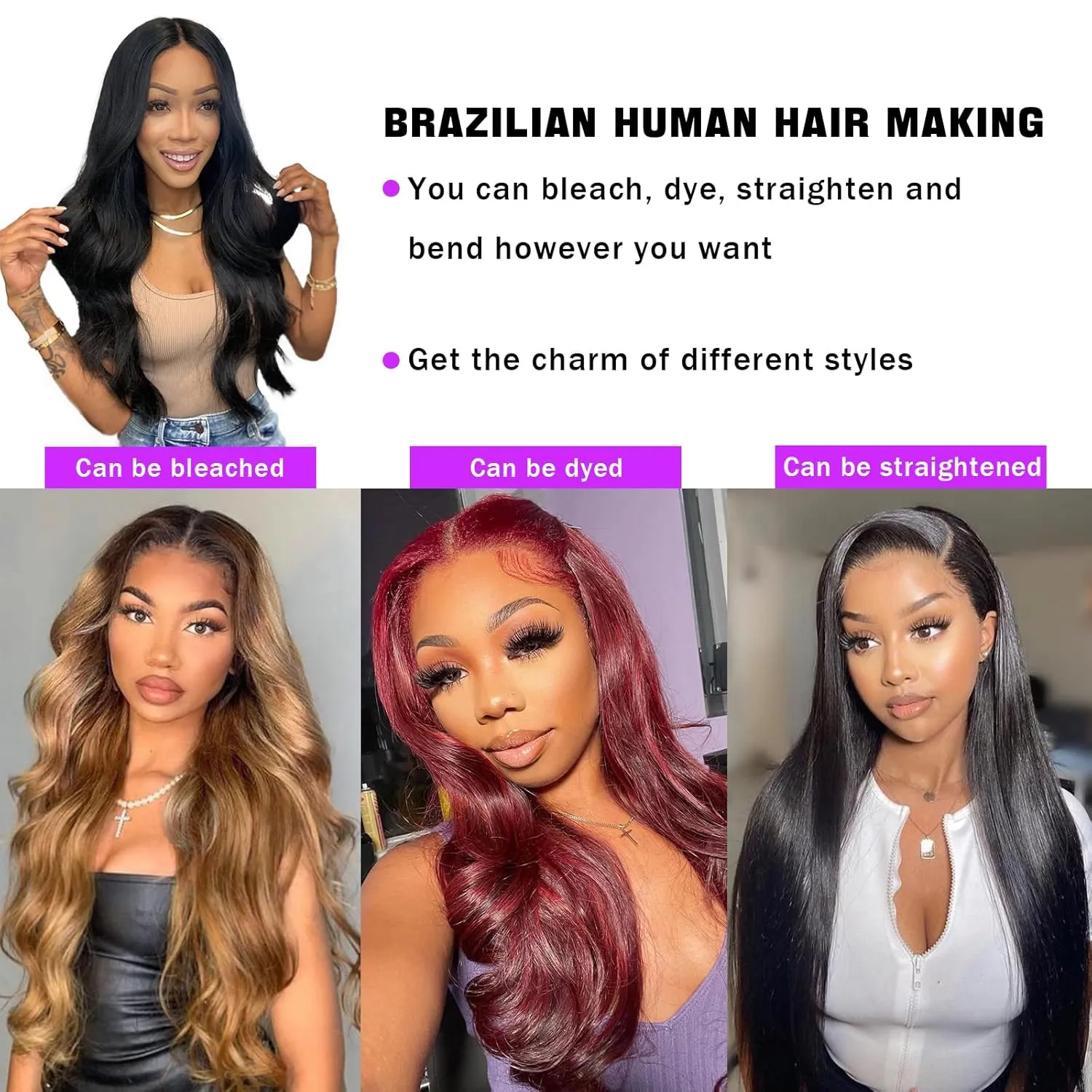 Brazilian Black Body Wave Human Hair Bundles (22, 24, 26 20) with Closure & Frontal - 3 Bundles, 4x4 Free Part, Baby Hair - 100% Unprocessed Natural Color
