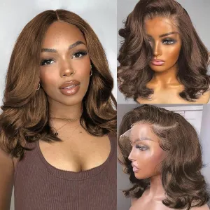 Brown Bob Wig Human Hair 13x4 Frontal Lace Wig 14 Inch Body Wave HD Lace Front Wigs Human Hair Pre Plucked Glueless Bob Wigs for Women (#4 Brown, 14 Inch)