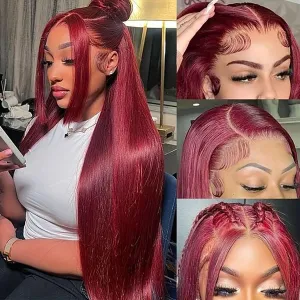 Burgundy Lace Front Wigs Human Hair 26 Inch 180 Density 13x4 Lace Front Wigs Human Hair Transparent HD Lace Frontal Wigs 99j Burgundy Straight Lace Front Wigs Human Hair for Black Women Human Hair Wig
