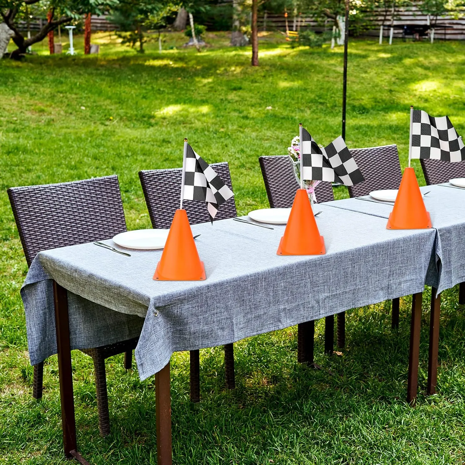 Buryeah 60 Pcs Racing Car Traffic Cones Checkered Flags Sport Training Plastic Cones Racing Checkered Flags for Car Birthday Party Decorations Supplies(7 Inch,Orange)