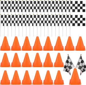 Buryeah 60 Pcs Racing Car Traffic Cones Checkered Flags Sport Training Plastic Cones Racing Checkered Flags for Car Birthday Party Decorations Supplies(7 Inch,Orange)