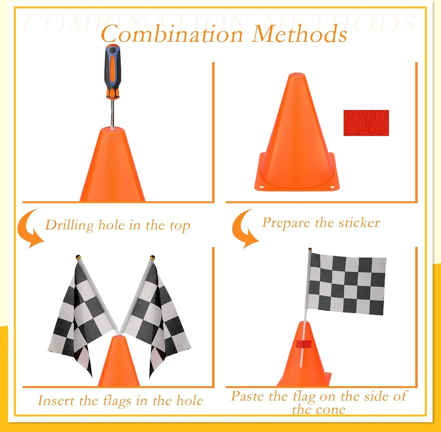 Buryeah 60 Pcs Racing Car Traffic Cones Checkered Flags Sport Training Plastic Cones Racing Checkered Flags for Car Birthday Party Decorations Supplies(7 Inch,Orange)