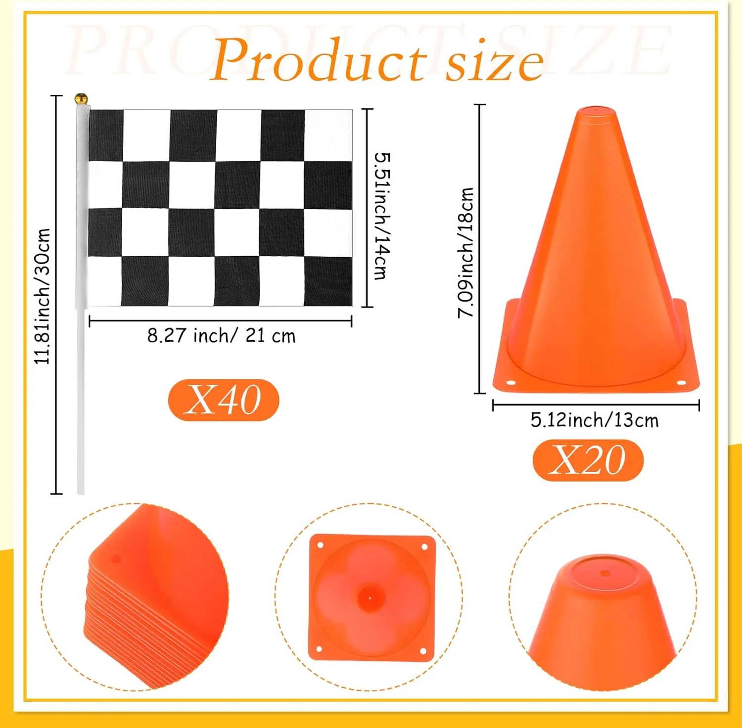 Buryeah 60 Pcs Racing Car Traffic Cones Checkered Flags Sport Training Plastic Cones Racing Checkered Flags for Car Birthday Party Decorations Supplies(7 Inch,Orange)