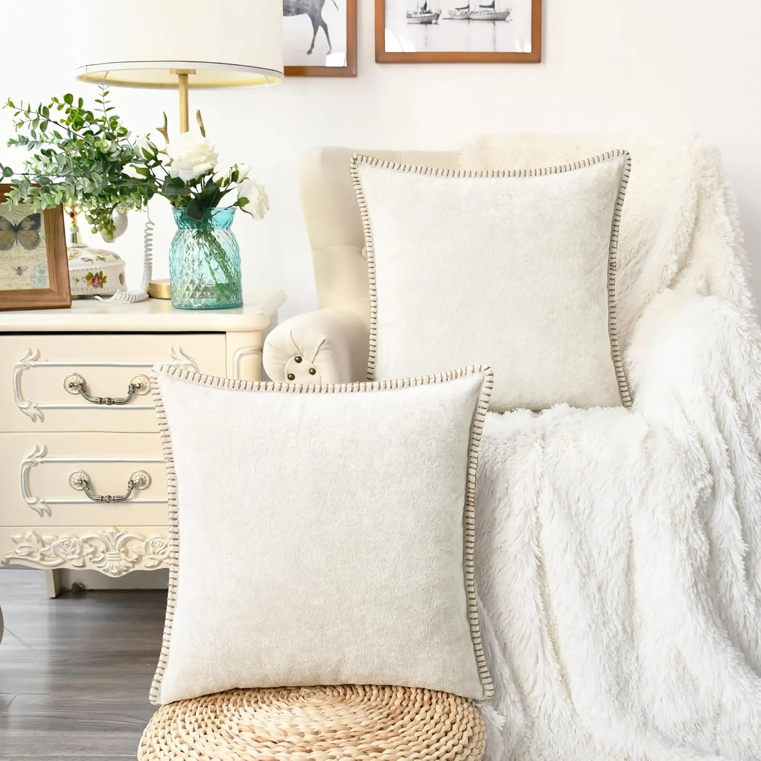 CaliTime Throw Pillow Cover Pack of 2 Linen Thread Stitching Edges Ultra Soft Faux Cashmere Chenille Decorative Cushion Cases Shells for Couch Sofa Home Farmhouse 18 X 18 Inches Beige