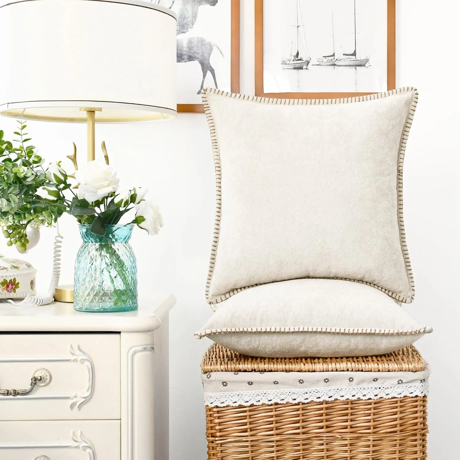 CaliTime Throw Pillow Cover Pack of 2 Linen Thread Stitching Edges Ultra Soft Faux Cashmere Chenille Decorative Cushion Cases Shells for Couch Sofa Home Farmhouse 18 X 18 Inches Beige