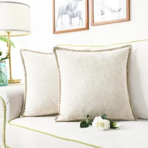 CaliTime Throw Pillow Cover Pack of 2 Linen Thread Stitching Edges Ultra Soft Faux Cashmere Chenille Decorative Cushion Cases Shells for Couch Sofa Home Farmhouse 18 X 18 Inches Beige