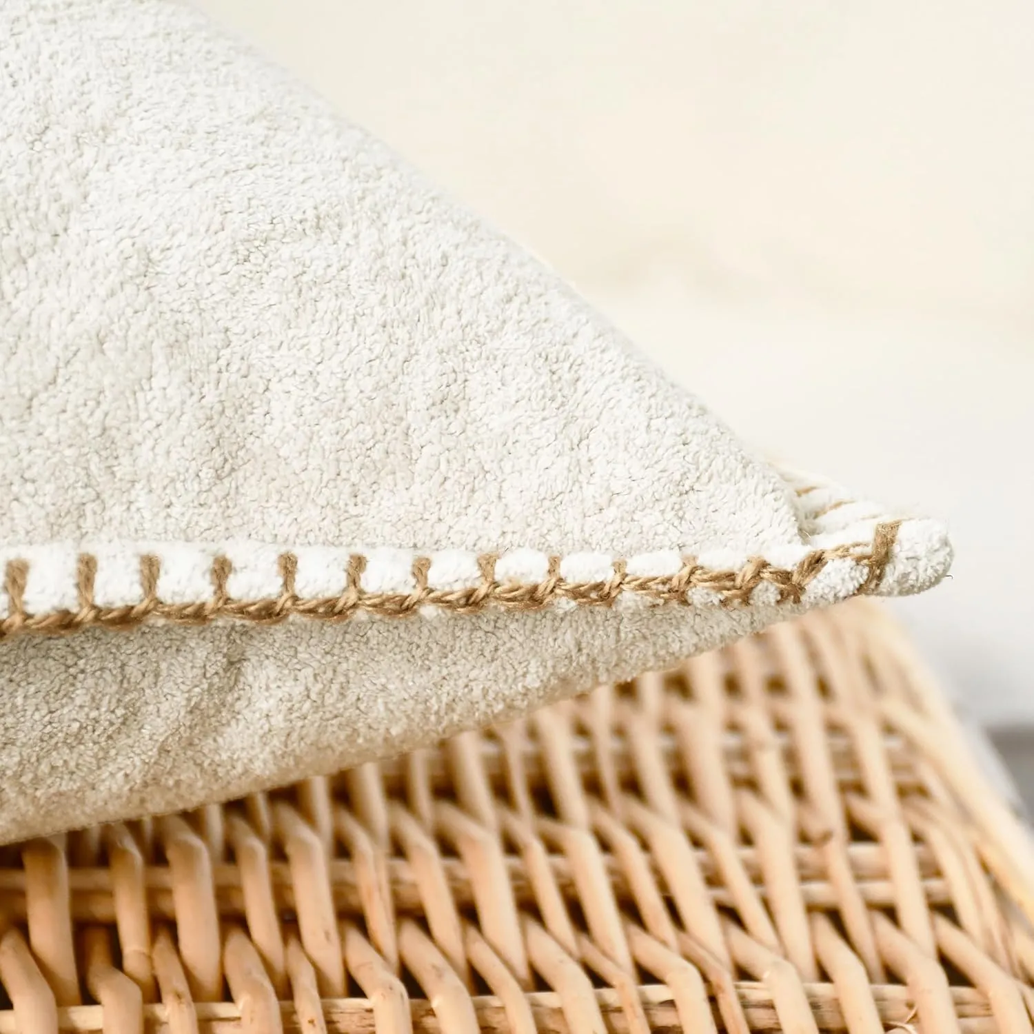 CaliTime Throw Pillow Cover Pack of 2 Linen Thread Stitching Edges Ultra Soft Faux Cashmere Chenille Decorative Cushion Cases Shells for Couch Sofa Home Farmhouse 18 X 18 Inches Beige