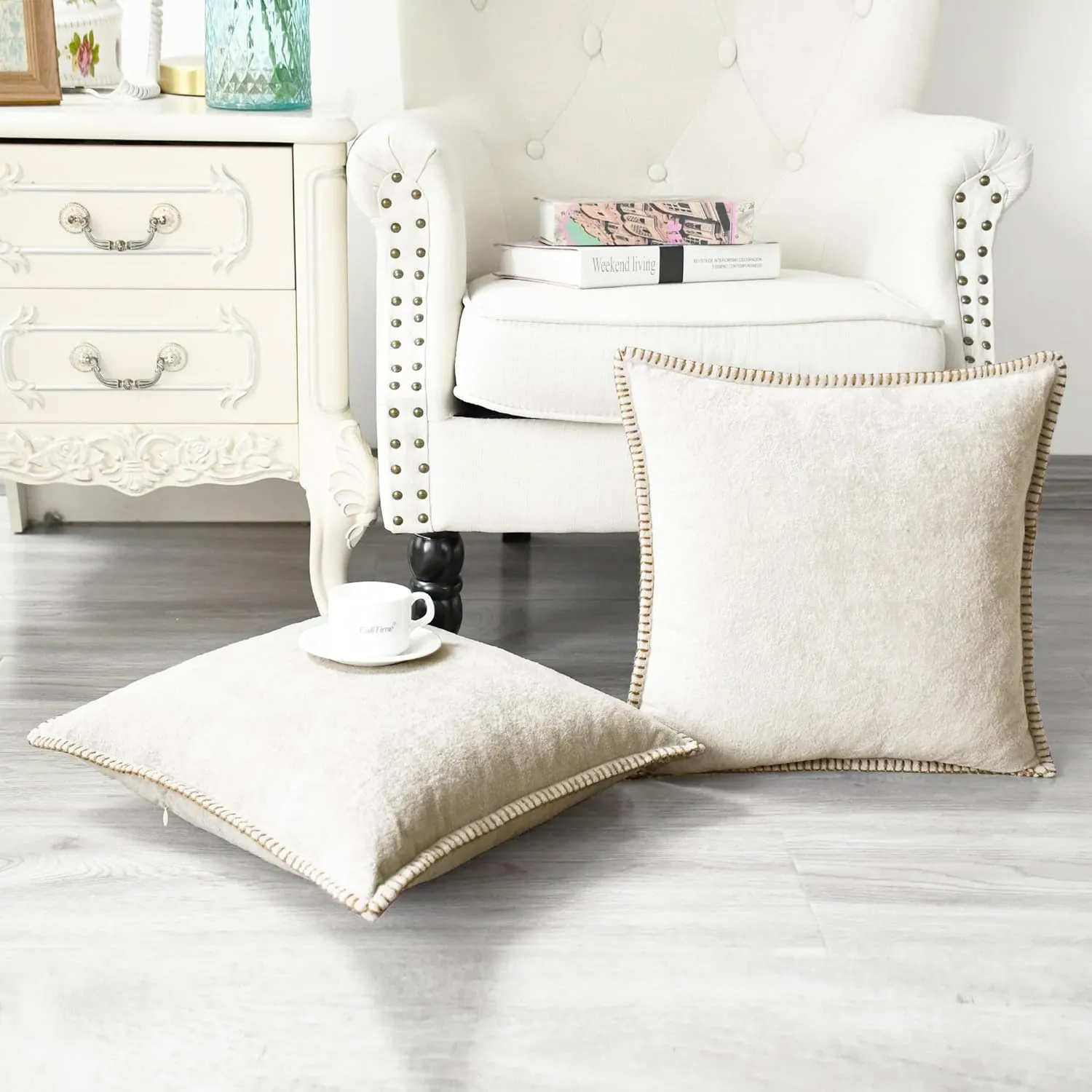 CaliTime Throw Pillow Cover Pack of 2 Linen Thread Stitching Edges Ultra Soft Faux Cashmere Chenille Decorative Cushion Cases Shells for Couch Sofa Home Farmhouse 18 X 18 Inches Beige