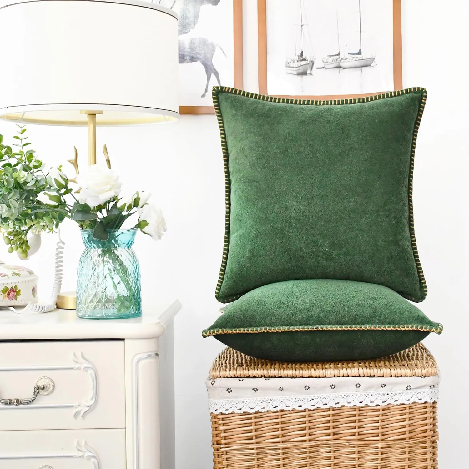 CaliTime Throw Pillow Cover Pack of 2 Linen Thread Stitching Edges Ultra Soft Faux Cashmere Chenille Decorative Cushion Cases Shells for Couch Sofa Home Farmhouse 18 X 18 Inches Dark Green