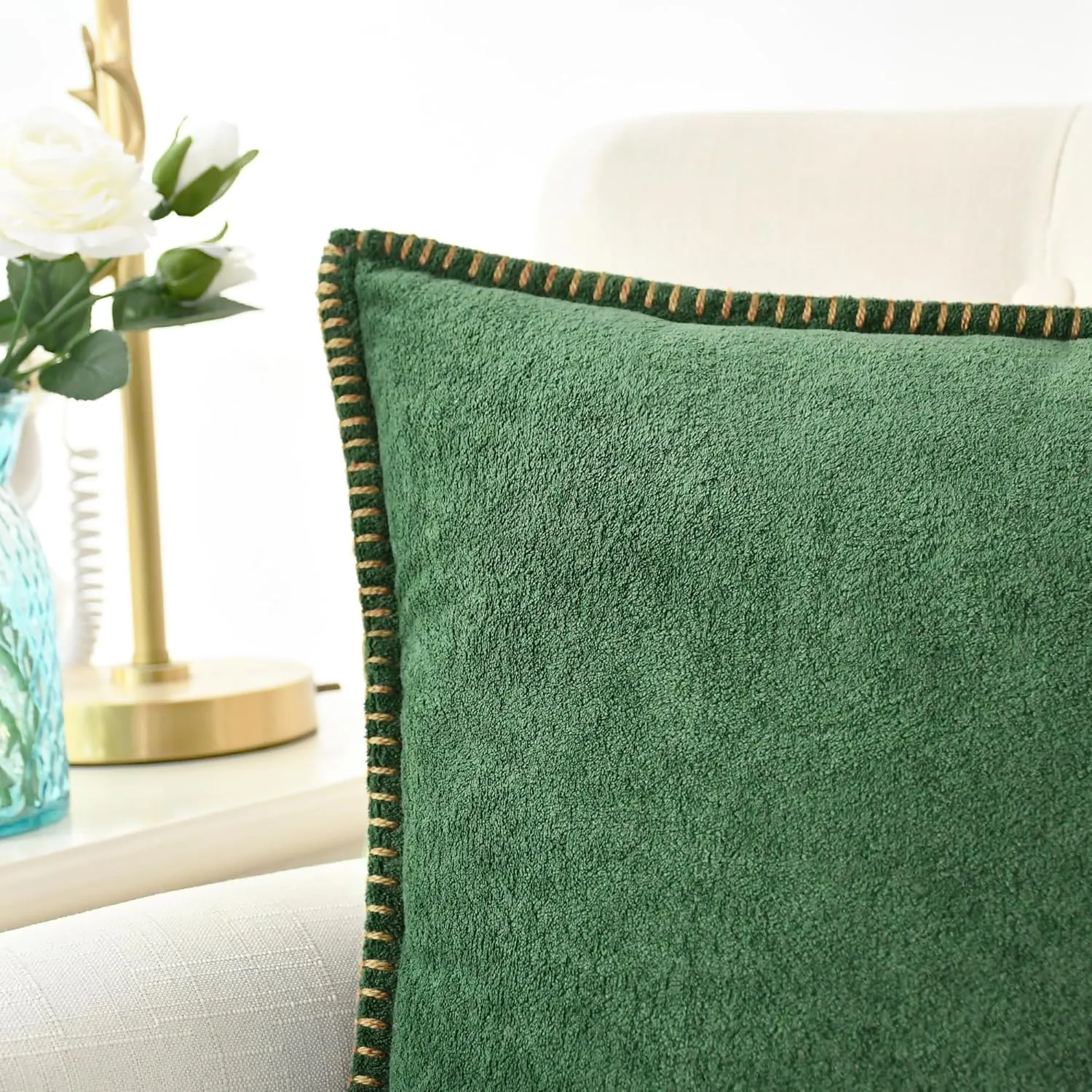 CaliTime Throw Pillow Cover Pack of 2 Linen Thread Stitching Edges Ultra Soft Faux Cashmere Chenille Decorative Cushion Cases Shells for Couch Sofa Home Farmhouse 18 X 18 Inches Dark Green