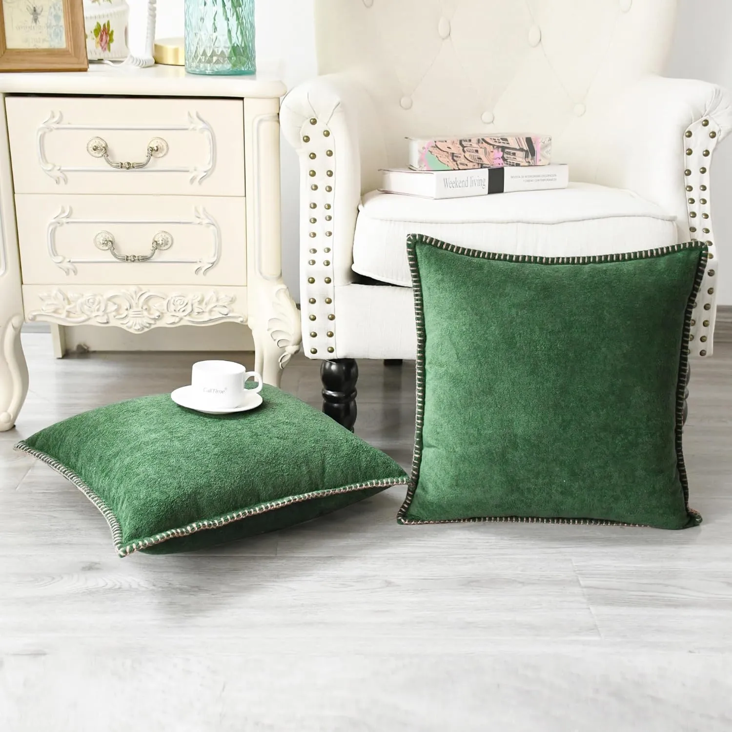 CaliTime Throw Pillow Cover Pack of 2 Linen Thread Stitching Edges Ultra Soft Faux Cashmere Chenille Decorative Cushion Cases Shells for Couch Sofa Home Farmhouse 18 X 18 Inches Dark Green