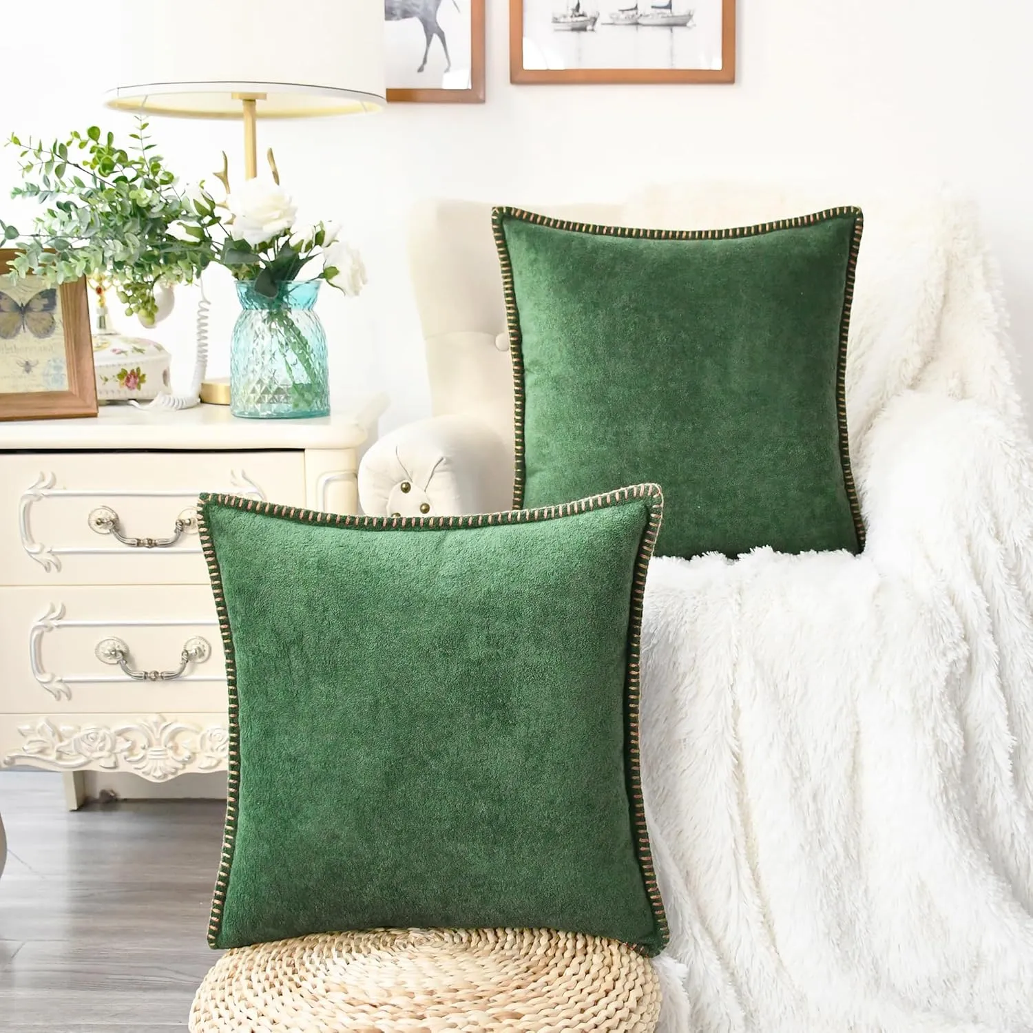 CaliTime Throw Pillow Cover Pack of 2 Linen Thread Stitching Edges Ultra Soft Faux Cashmere Chenille Decorative Cushion Cases Shells for Couch Sofa Home Farmhouse 18 X 18 Inches Dark Green