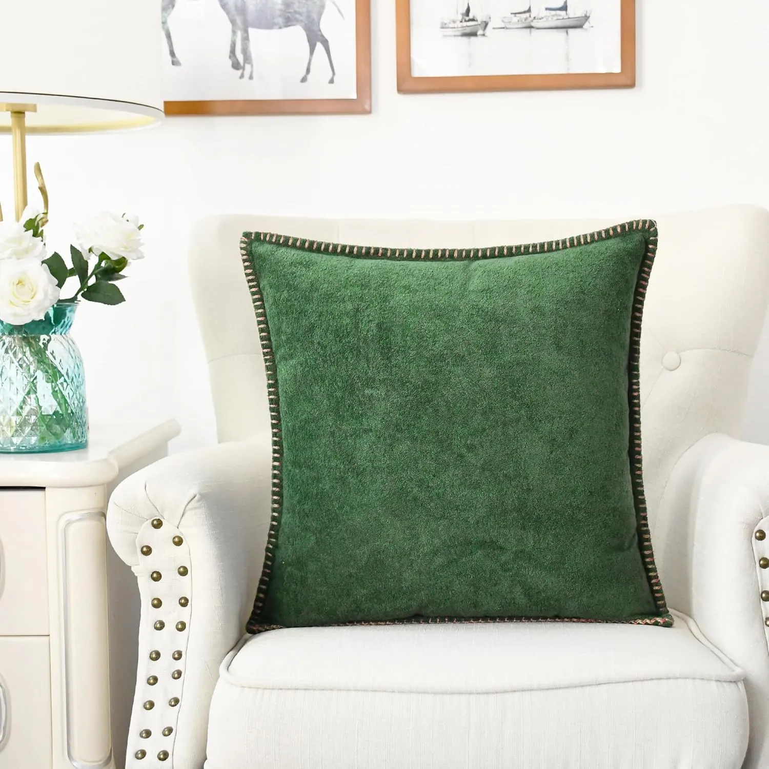 CaliTime Throw Pillow Cover Pack of 2 Linen Thread Stitching Edges Ultra Soft Faux Cashmere Chenille Decorative Cushion Cases Shells for Couch Sofa Home Farmhouse 18 X 18 Inches Dark Green