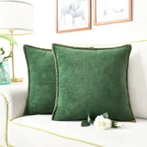 CaliTime Throw Pillow Cover Pack of 2 Linen Thread Stitching Edges Ultra Soft Faux Cashmere Chenille Decorative Cushion Cases Shells for Couch Sofa Home Farmhouse 18 X 18 Inches Dark Green