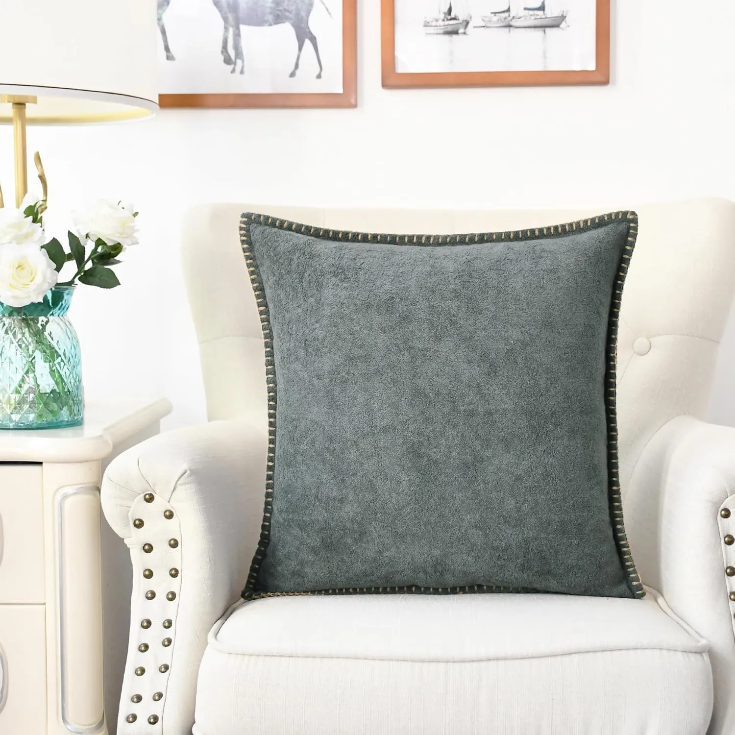 CaliTime Throw Pillow Cover Pack of 2 Linen Thread Stitching Edges Ultra Soft Faux Cashmere Chenille Decorative Cushion Cases Shells for Couch Sofa Home Farmhouse 18 X 18 Inches Dark Grey