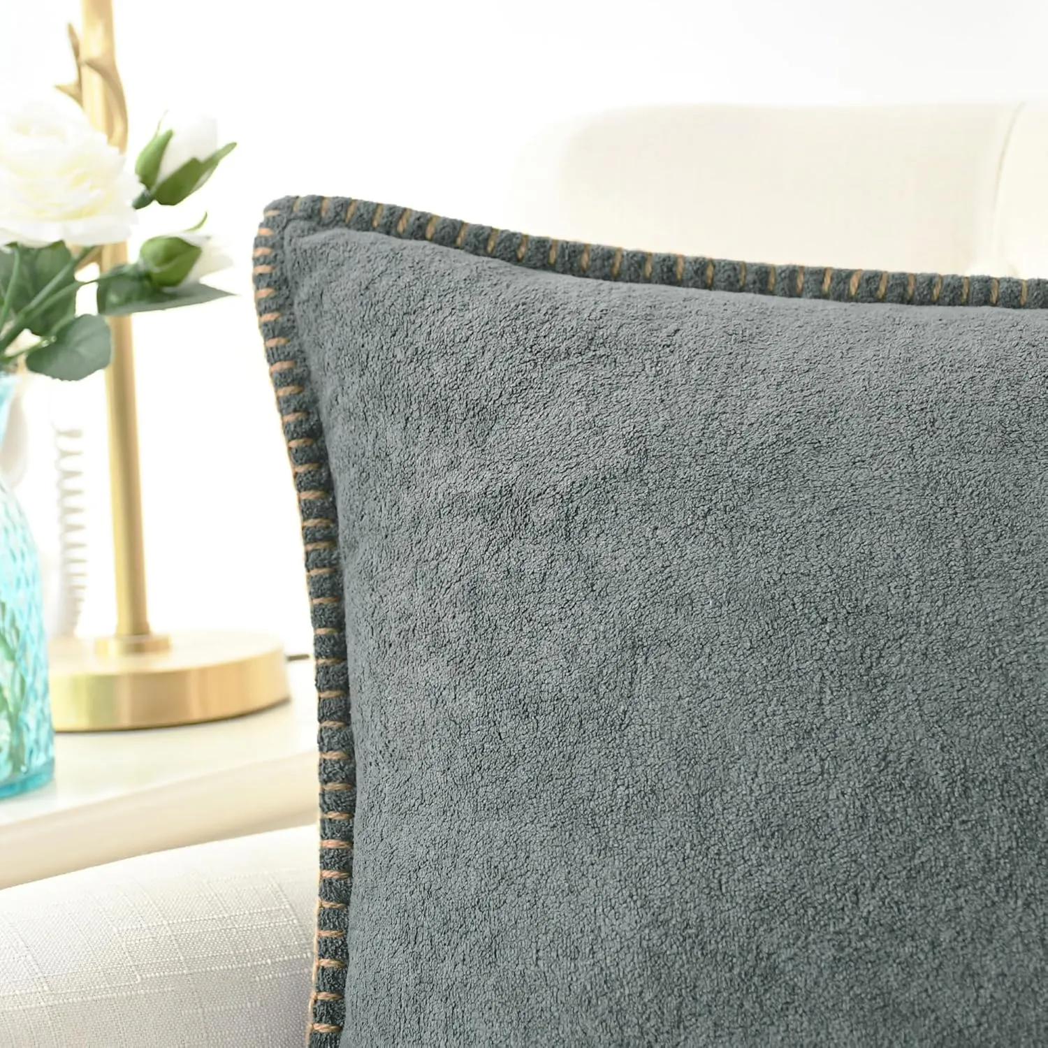 CaliTime Throw Pillow Cover Pack of 2 Linen Thread Stitching Edges Ultra Soft Faux Cashmere Chenille Decorative Cushion Cases Shells for Couch Sofa Home Farmhouse 18 X 18 Inches Dark Grey