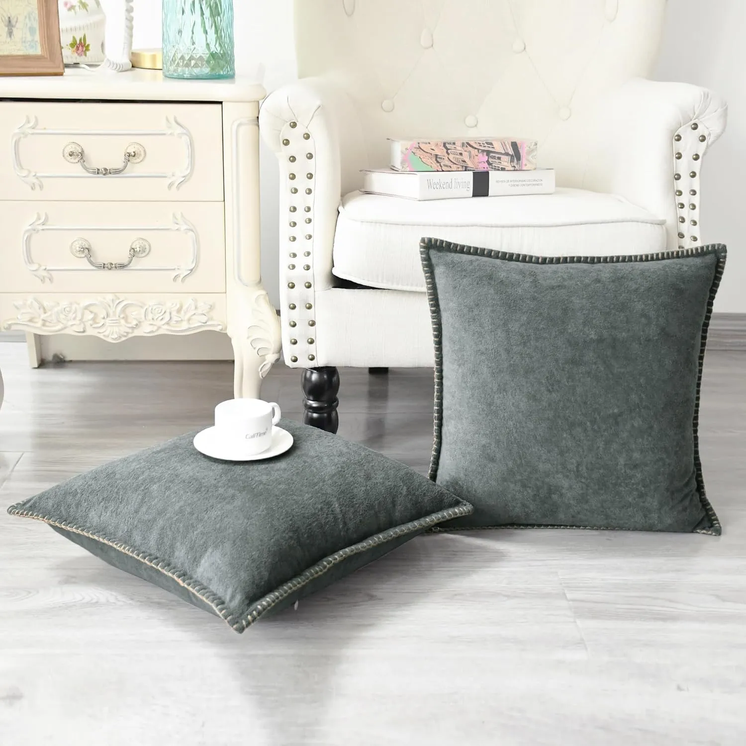 CaliTime Throw Pillow Cover Pack of 2 Linen Thread Stitching Edges Ultra Soft Faux Cashmere Chenille Decorative Cushion Cases Shells for Couch Sofa Home Farmhouse 18 X 18 Inches Dark Grey