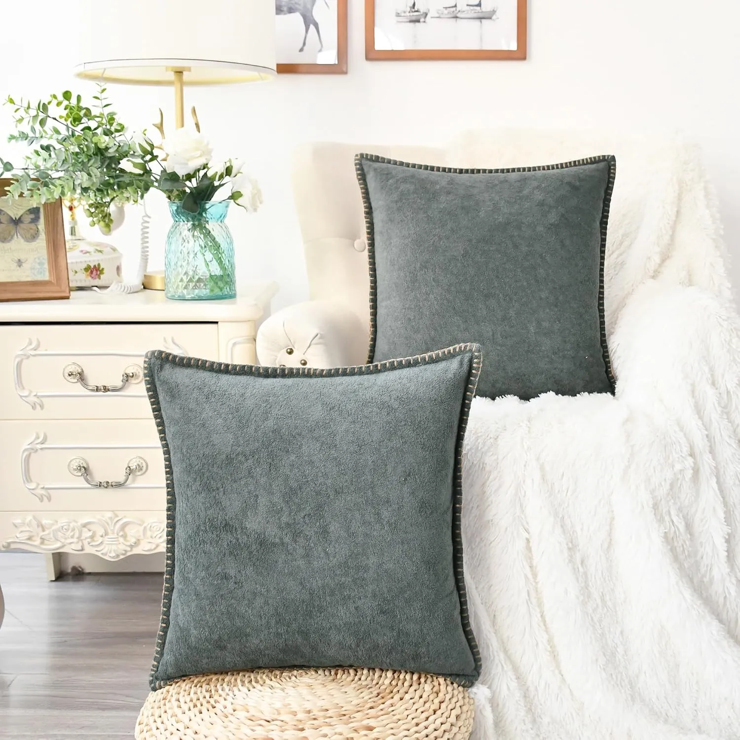 CaliTime Throw Pillow Cover Pack of 2 Linen Thread Stitching Edges Ultra Soft Faux Cashmere Chenille Decorative Cushion Cases Shells for Couch Sofa Home Farmhouse 18 X 18 Inches Dark Grey