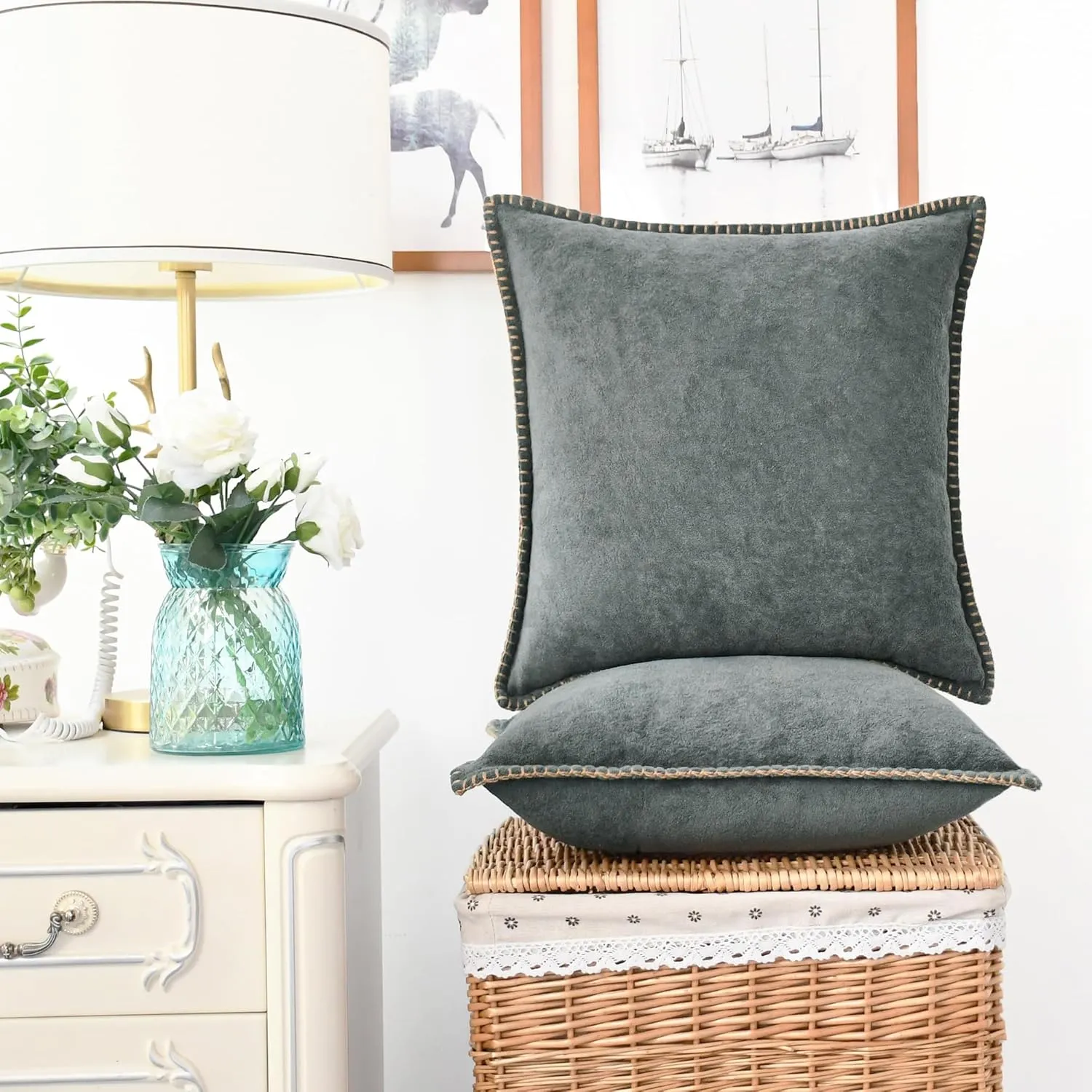 CaliTime Throw Pillow Cover Pack of 2 Linen Thread Stitching Edges Ultra Soft Faux Cashmere Chenille Decorative Cushion Cases Shells for Couch Sofa Home Farmhouse 18 X 18 Inches Dark Grey