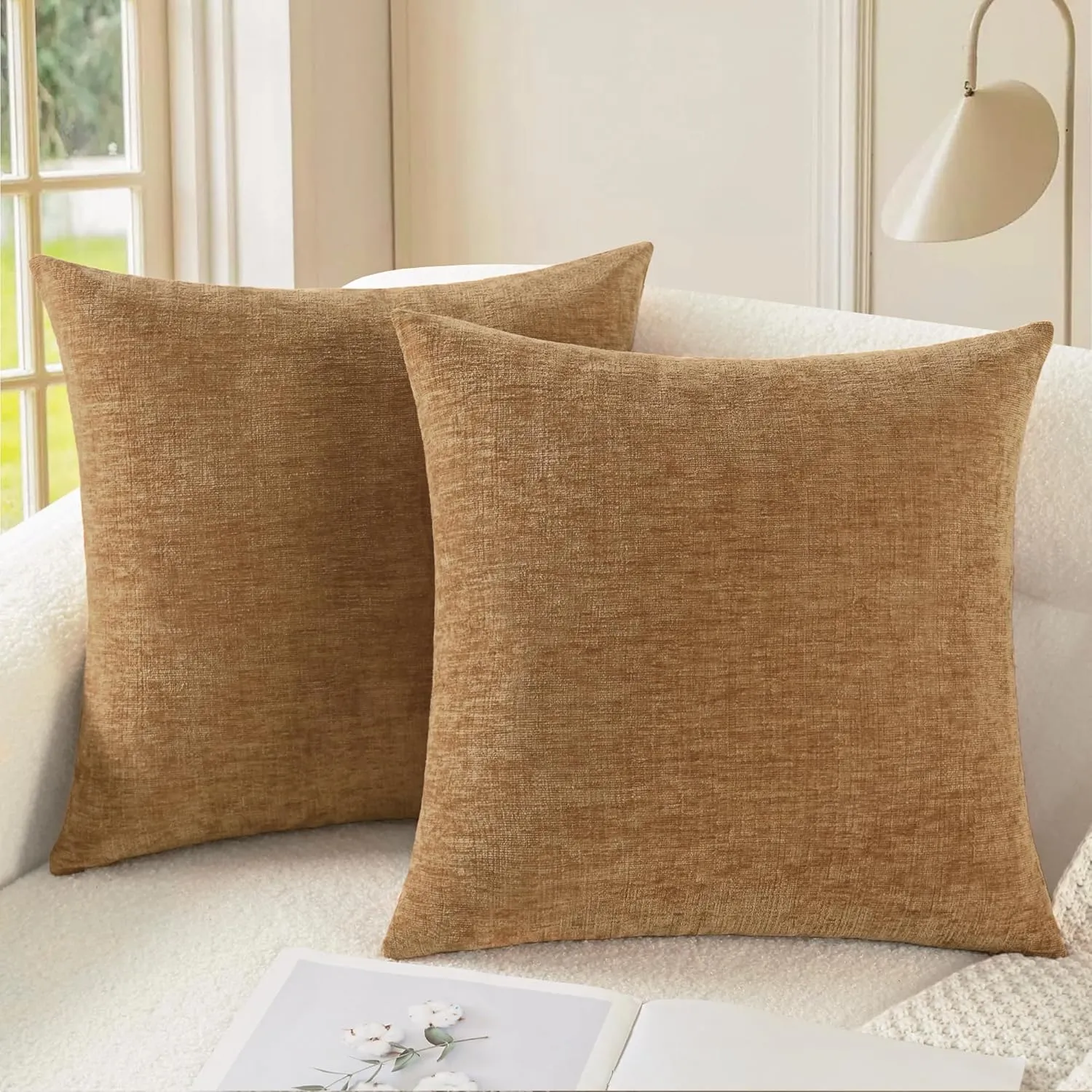 CaliTime Throw Pillow Covers Decorative 18 X 18 Inches Pack of 2 Cozy Chenille Cushion Cases for Couch Sofa Bed Living Room Home Apricot Brown