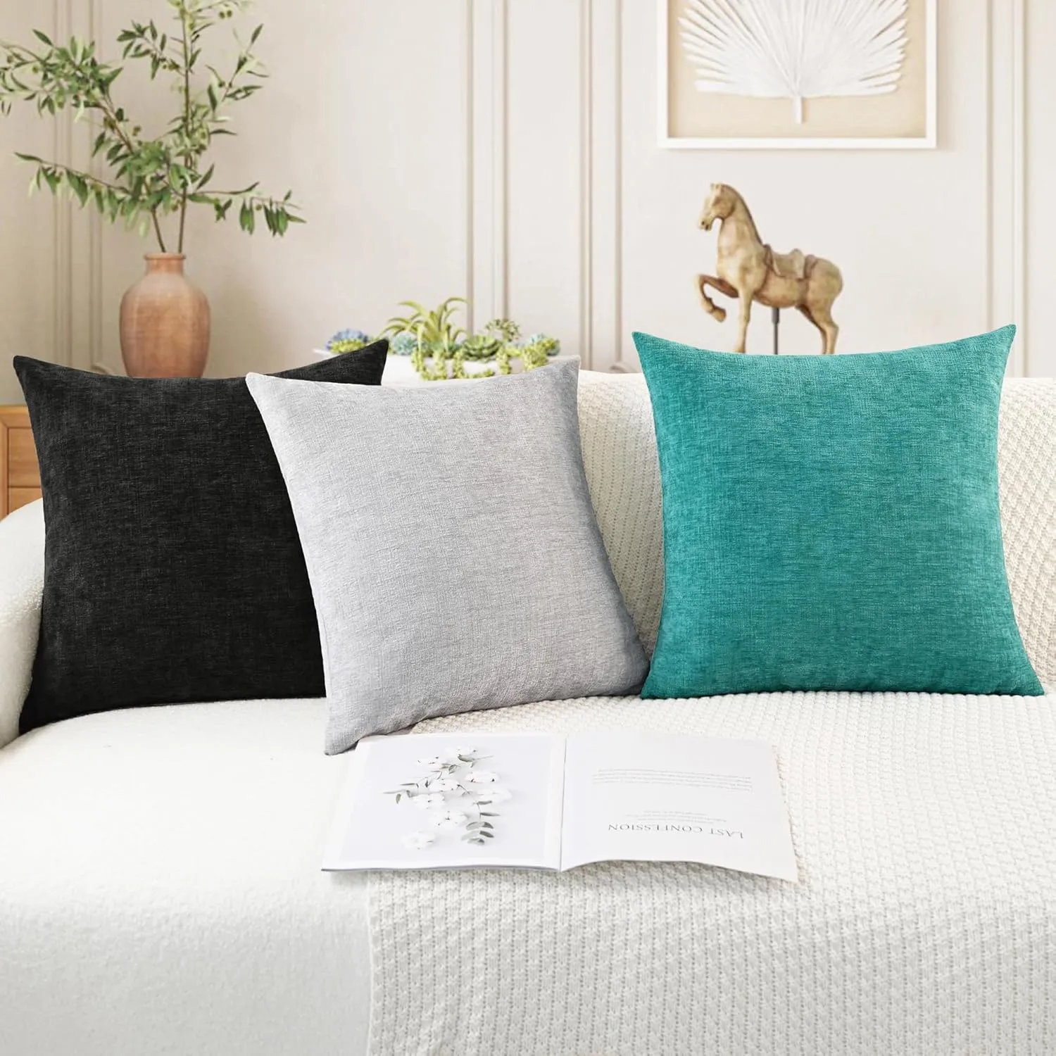 CaliTime Throw Pillow Covers Decorative 18 X 18 Inches Pack of 2 Cozy Chenille Cushion Cases for Couch Sofa Bed Living Room Home Black
