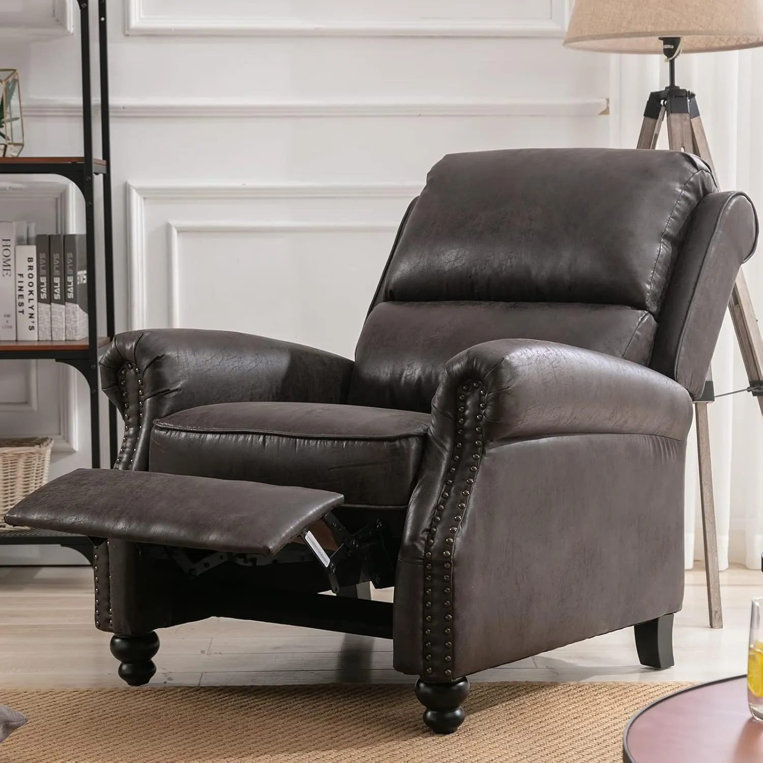 CANMOV Pushback Recliner Chair Faux Leather Armchair Push Back Recliner with Rivet Decoration Single Sofa Accent Chair for Living Room, Dark Grey