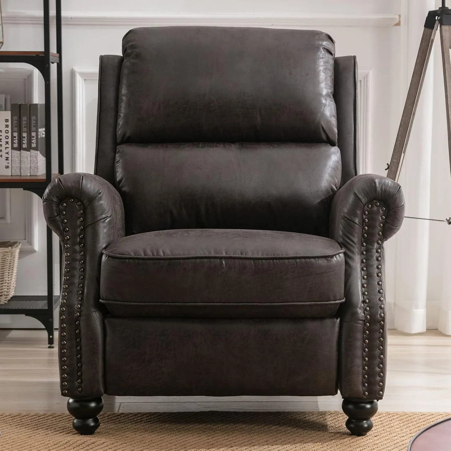 CANMOV Pushback Recliner Chair Faux Leather Armchair Push Back Recliner with Rivet Decoration Single Sofa Accent Chair for Living Room, Dark Grey
